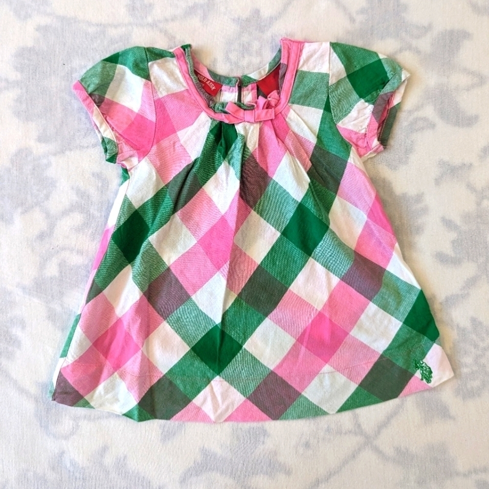 US Polo ASSN. pink green and white plaid dress for baby girls 12 months